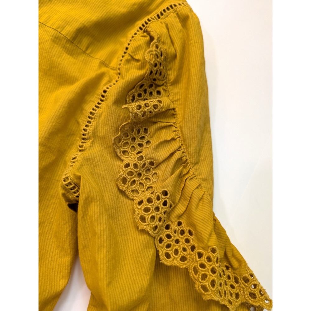 J. Crew Mustard Embroidered Button Ruffled Sleeve Blouse Women's Size Small - Picture 5 of 7